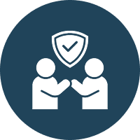 Two figures with a shield icon